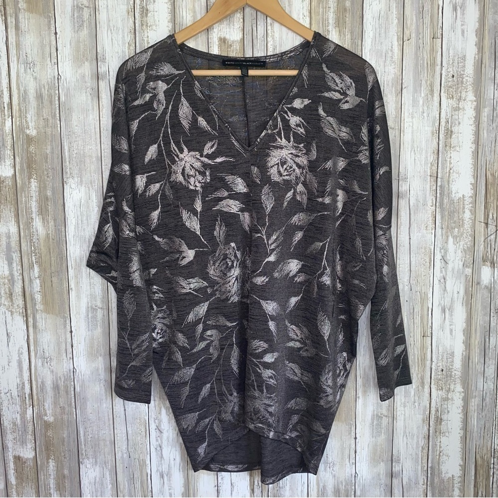 White House Black Market Silver Oversized Rose High Low Blouse
